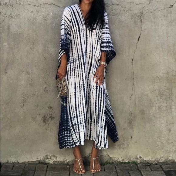 NEW! Bohemian Tie Dye Kimono Maxi Tunic Dress Beach Cover Up - Picture 3 of 6